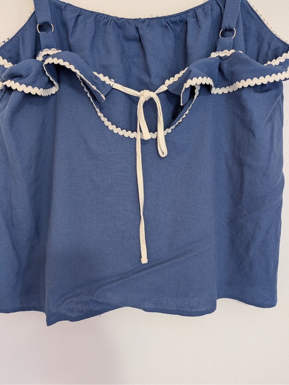 Solid & Striped Blue Linen Blend Ruffle Tank Top Ric Rac Trim Medium - Picture 6 of 8